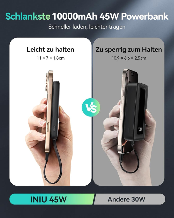 INIU 45W Power Bank, Mini-Grösse 10000mAh PowerBank mit Integriertem USB-C Kabel, Schnellladen Exter
