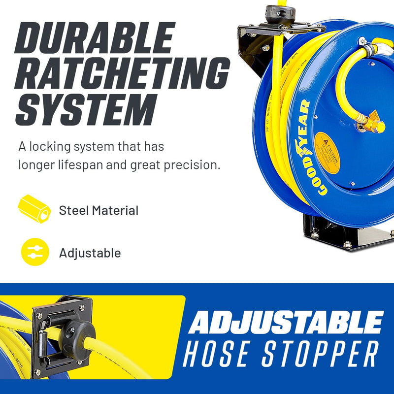 Goodyear Schlauchtrommel Stahl Einziehbare Air Compressor Schlauchaufroller mit 9,5mm × 15m schlauch