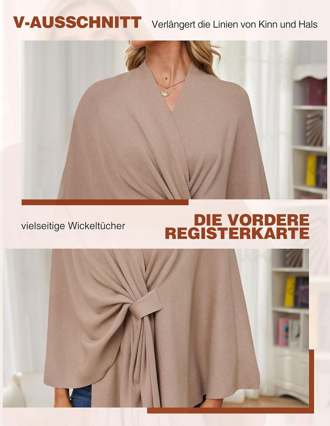 PULI Damen Elegant Poncho Strick Ponchos Capes Vorne öffnen Vielseitige Schalwickel mit Lasche Bräun