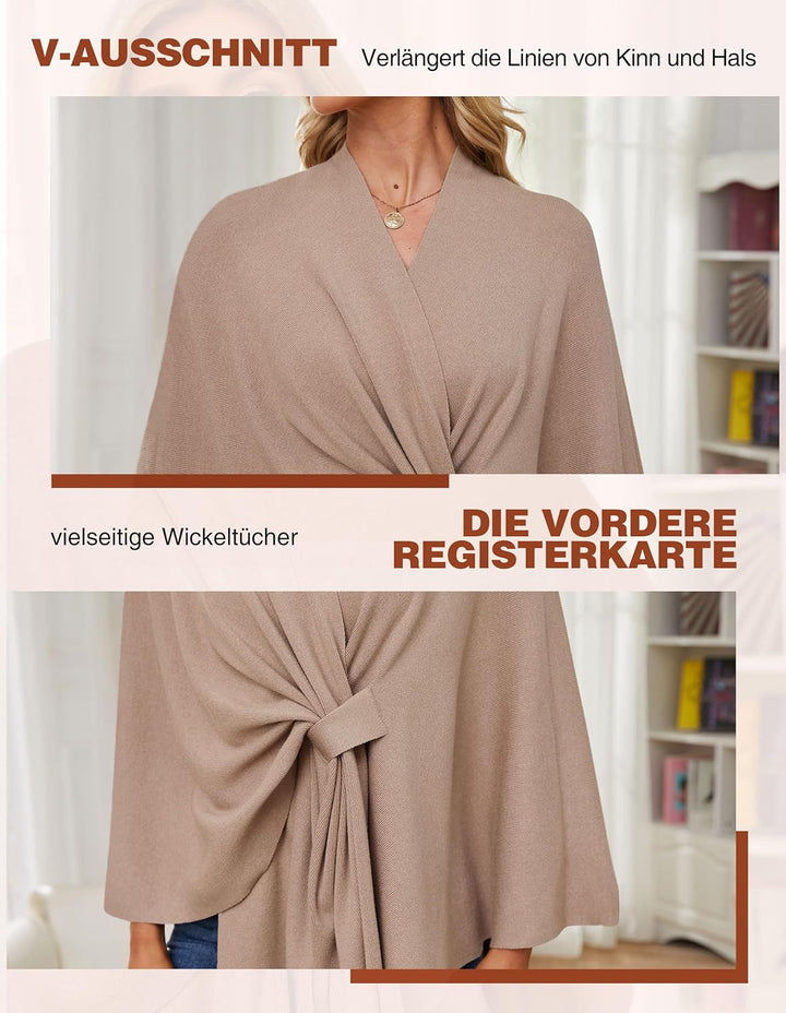 PULI Damen Elegant Poncho Strick Ponchos Capes Vorne öffnen Vielseitige Schalwickel mit Lasche Bräun