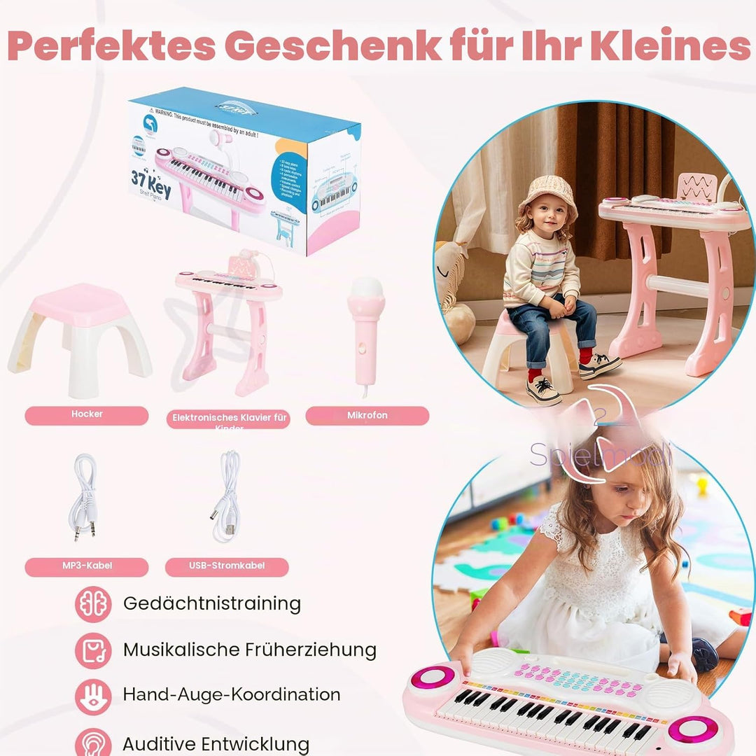 KOMFOTTEU 37 Tasten Kinderklavier Set, Elektronisches Klavier mit Lichteffekten und verstellbarem Mi