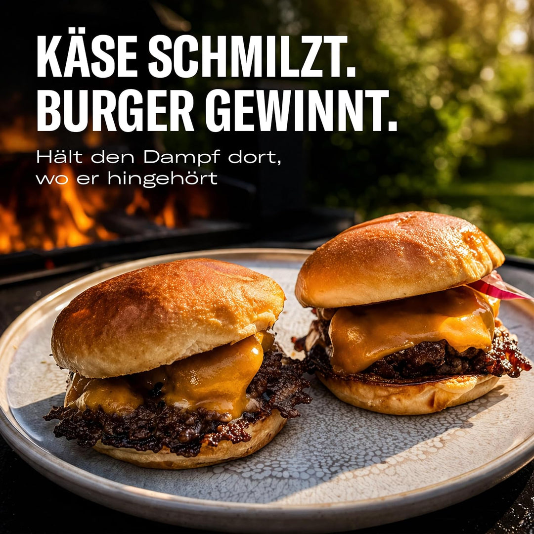 Burgerglocke XXL 2er Set Edelstahl – Käseschmelzglocke Burger Dome für perfekt schmelzenden Käse – Ø