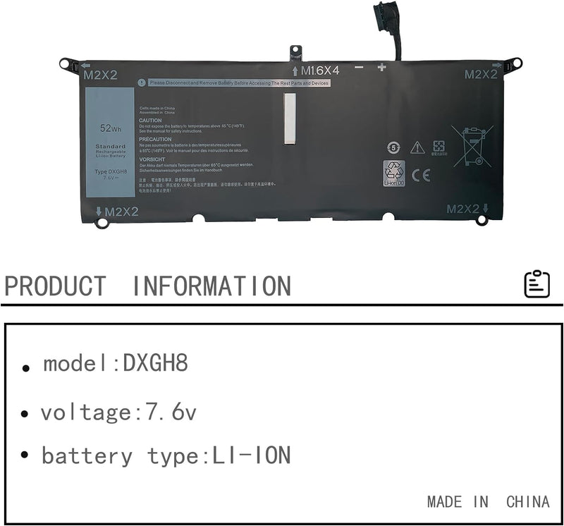 DXGH8 G8VCF H754V 0H754V P82G001 Laptop Batterie Ersatz für Dell XPS 13 9370 9380 Inspiron 13 7390 7