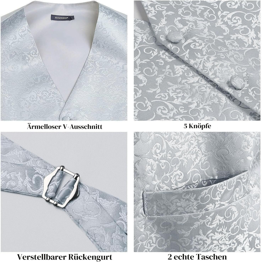 HISDERN Herren FLoral Hochzeit Weste Krawatte Einstecktuch Taschentuch Jacquard Weste Anzug Set L Si