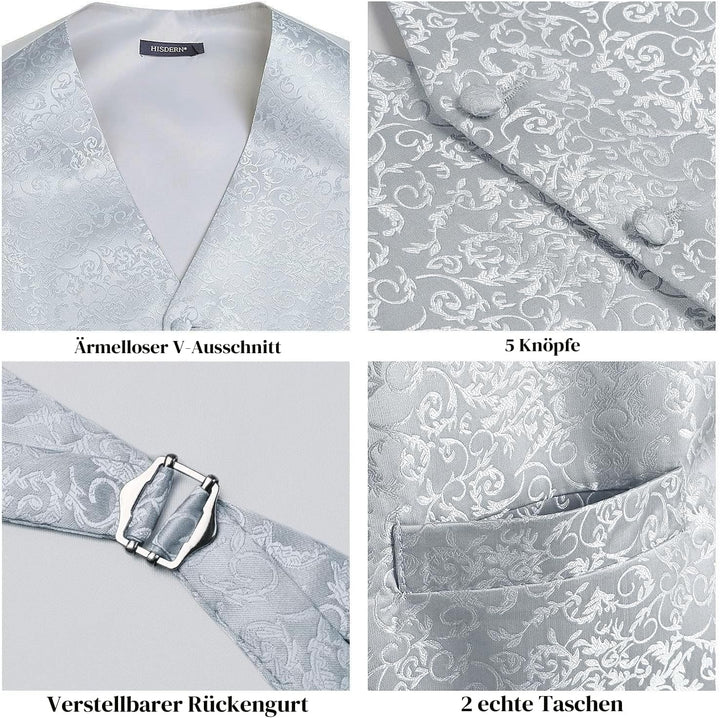 HISDERN Herren FLoral Hochzeit Weste Krawatte Einstecktuch Taschentuch Jacquard Weste Anzug Set L Si