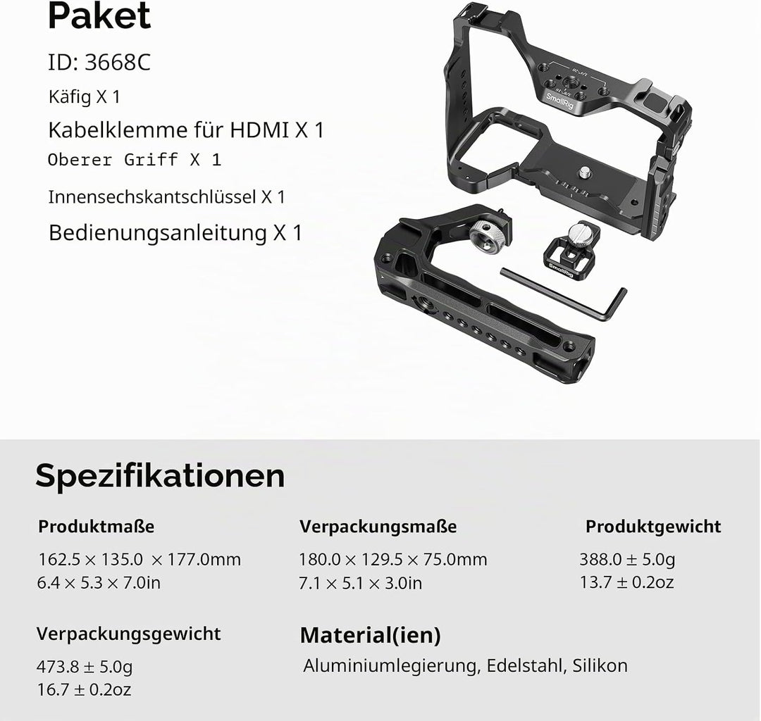 SMALLRIG A7 IV Käfig Cage mit oberem Griff und HDMI-Kabelklemme, Basis Kit für Sony Alpha 7 IV/Alpha