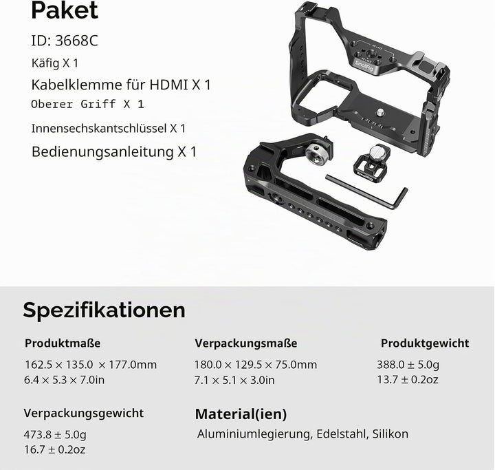 SMALLRIG A7 IV Käfig Cage mit oberem Griff und HDMI-Kabelklemme, Basis Kit für Sony Alpha 7 IV/Alpha