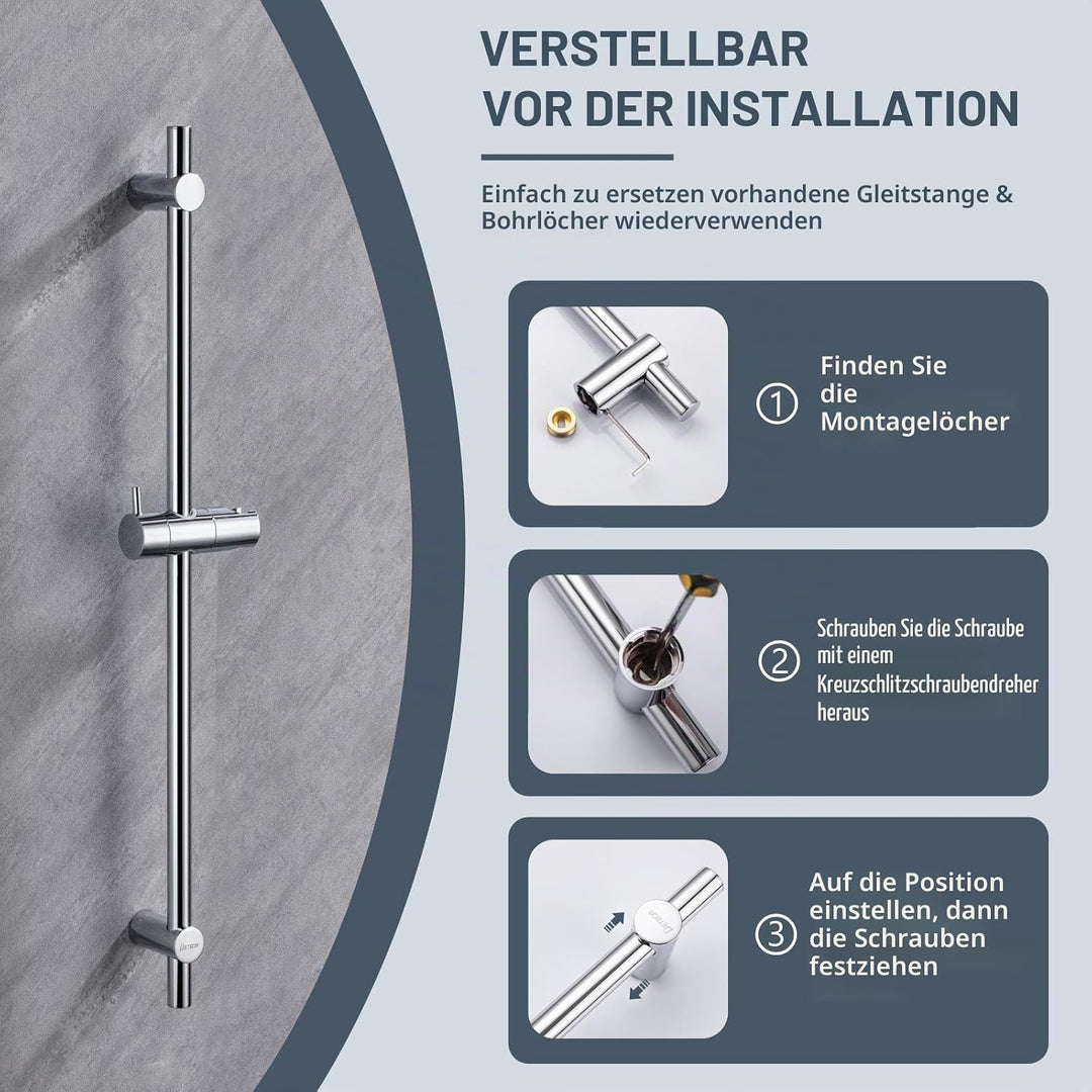 DETBOM Edelstahl Brausestange 70cm,Duschstange mit Duschkopfhalterung 360°Drehbar und Verstellbar,Br