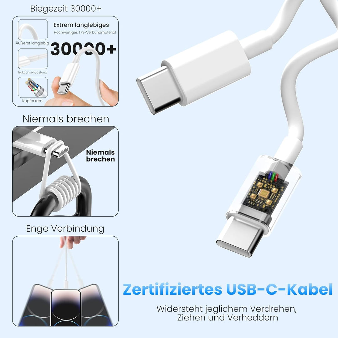 2er Pack 20W USB-C Ladegerät mit 2M+2M USB-C schnellladekabel, Schnellladegerät Für iPhone 17/16/15/