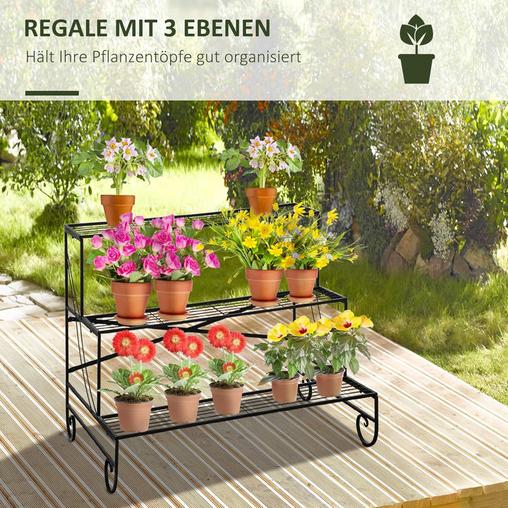 Outsunny Blumenständer Blumenregal aus Metall 3 Stufen Pflanzenregal Blumentreppe für innen und auss