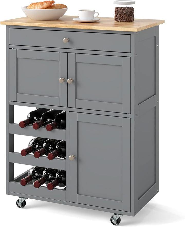 KOMFOTTEU Küchenwagen auf Rollen, Kücheninsel mit Weinregal & 2 Schränke & Schublade, Servierwagen a