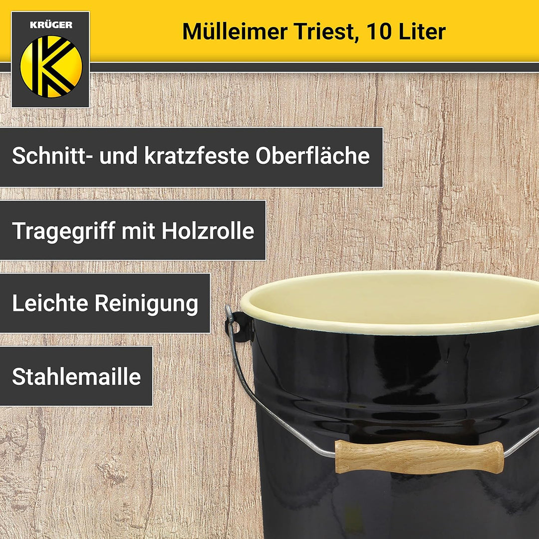 KRÜGER Mülleimer mit Deckel - Stahl Abfalleimer mit Emaille-Beschichtung und Holzgriff - schnitt- un