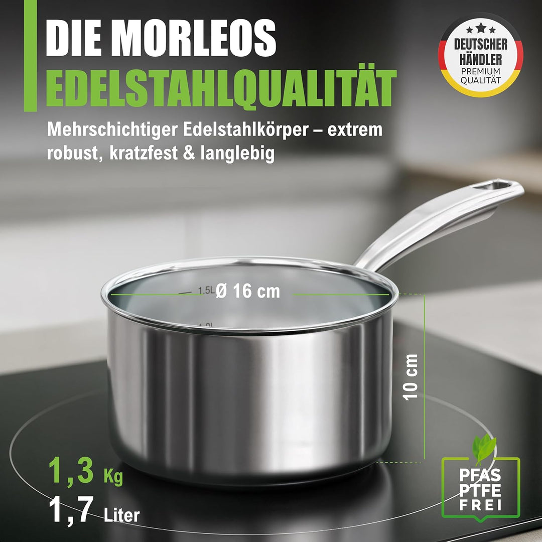 Stielkasserolle Edelstahl - 1,7 Liter, Ø 16x10 cm, 1,3 kg - mit modernem, flachem Glasdeckel - energ