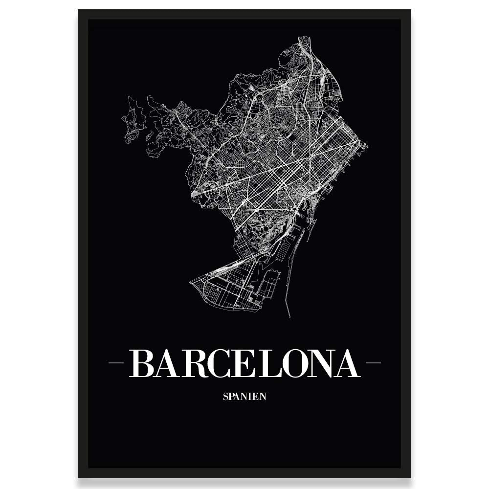 JUNIWORDS Stadtposter, Barcelona, Wähle eine Grösse, 21 x 30 cm, Poster mit Rahmen, Schrift A, Schwa