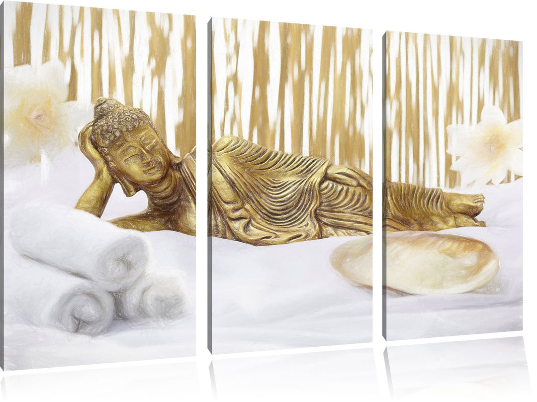Pixxprint Goldener Buddha auf Handtuch als Leinwandbild/Grösse: 3 Teilig (120x80 cm) cm/Wandbild/Kun