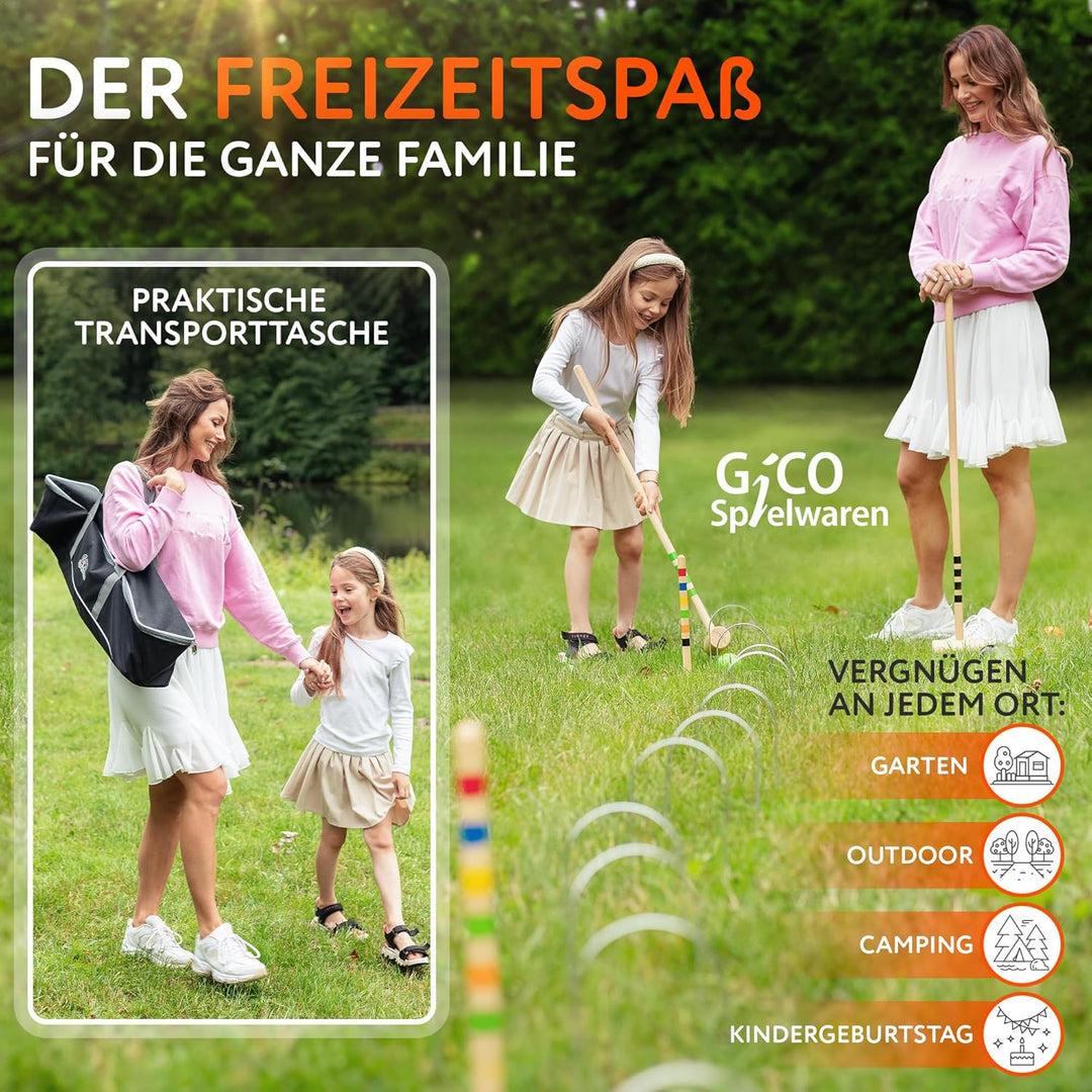 GICO Qualitäts Krocketspiel/Krocket/Crocket für 4 Spieler (100 cm Erwachsenengrösse) mit Transportta