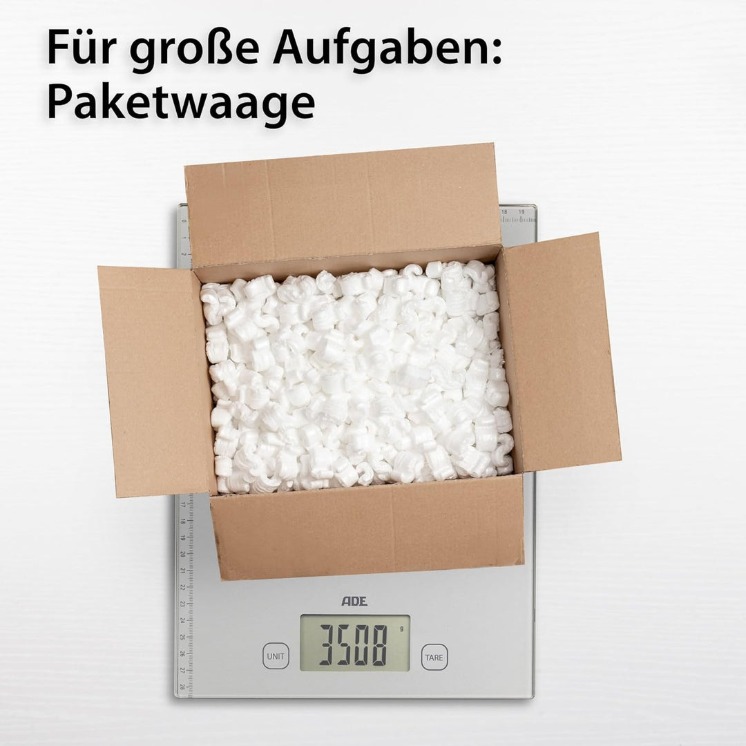 ADE Digitale Briefwaage mit XXL-Wiegefläche und aufgedrucktem Lineal | bis zu 20 kg