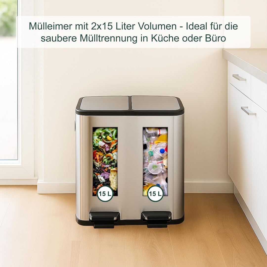 Relaxdays Mülleimer, 2 Fächer, je 15 l, entnehmbare Inneneimer, Fusspedal, Küche, Tretmülleimer, Eis