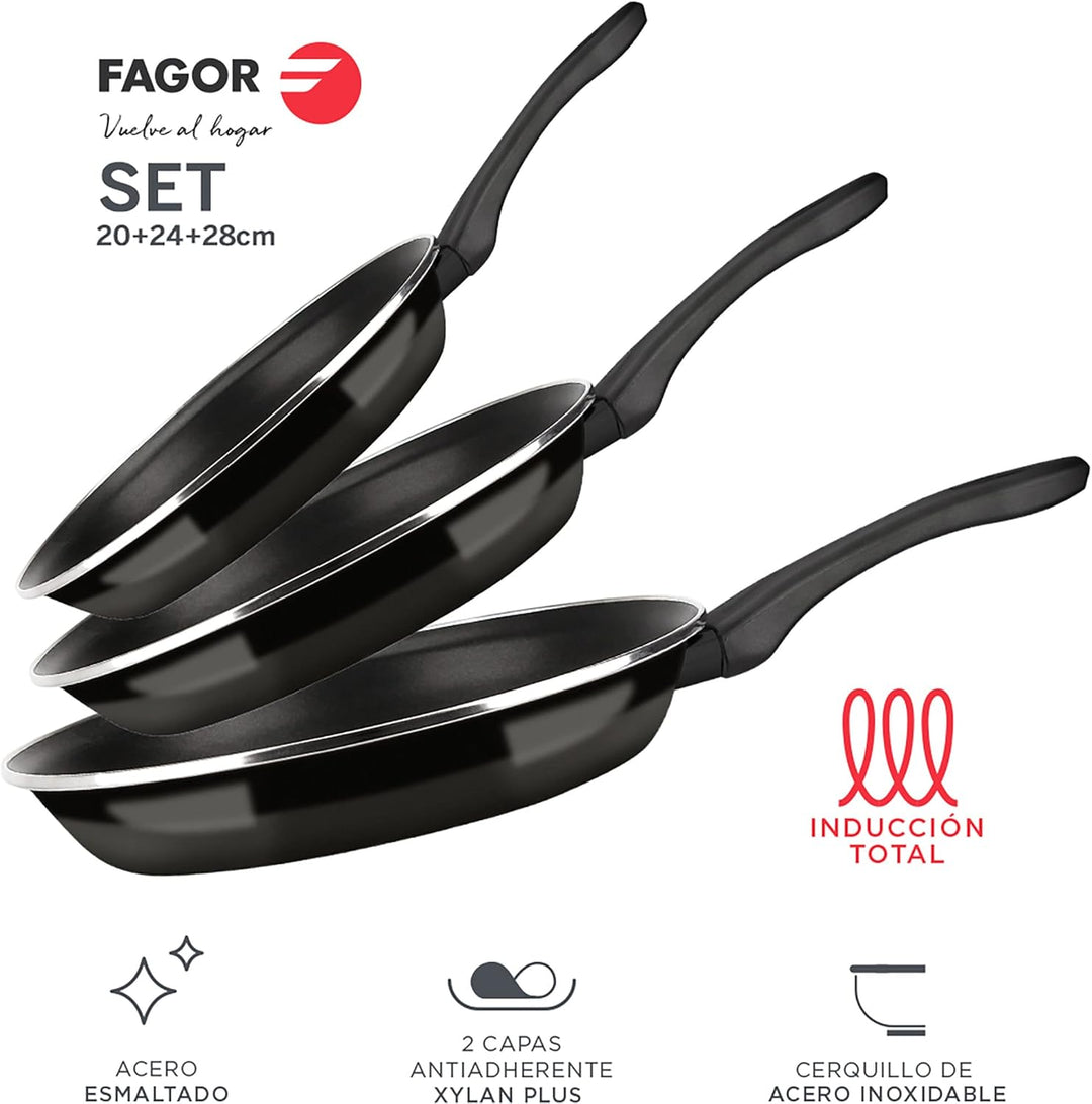 Fagor Optimax Set 3 Bratpfannen Induktion 20-24-28 cm Emaillierter Stahl, Antihaftbeschichtetes Ökol