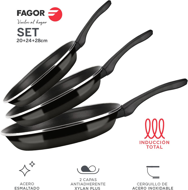 Fagor Optimax Set 3 Bratpfannen Induktion 20-24-28 cm Emaillierter Stahl, Antihaftbeschichtetes Ökol