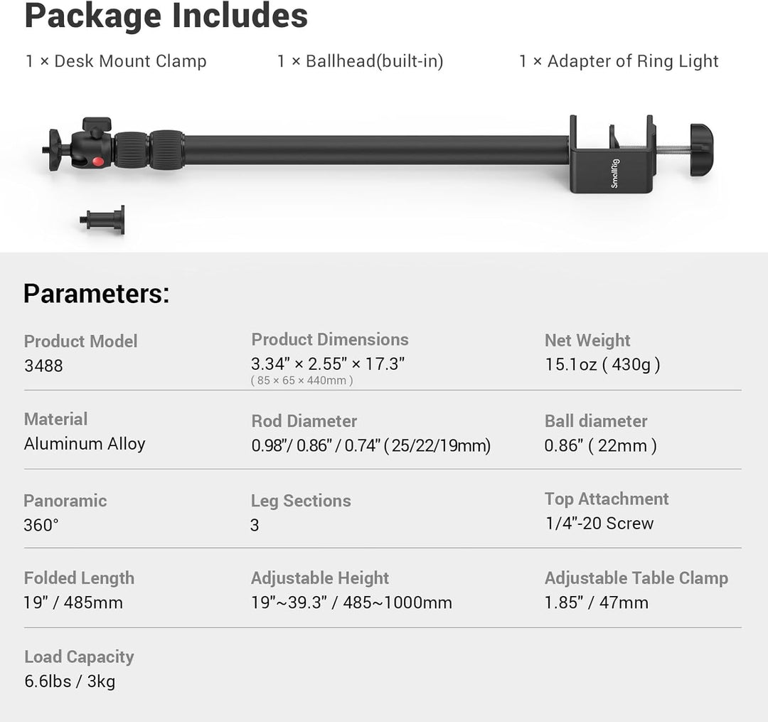 SmallRig Selection Tischklemme Kamera Stativ Lampenstativ mit 360ﾟKugelkopf für Kamera/Ringlicht/Sma