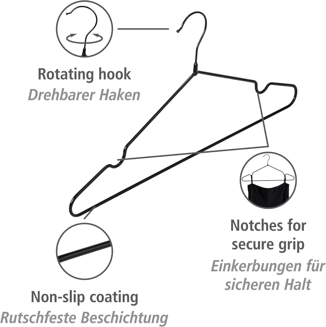 WENKO Kleiderbügel Sascha Schwarz, 20er Set, Garderobenbügel mit Non-Slip Beschichtung, verchromtes