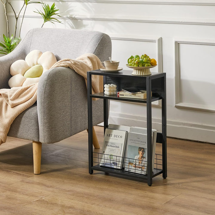 IBUYKE Kleiner Beistelltisch mit Zeitschriftenhalter,3 Etagen,Schmaler Beistelltisch mit Lagerregal,