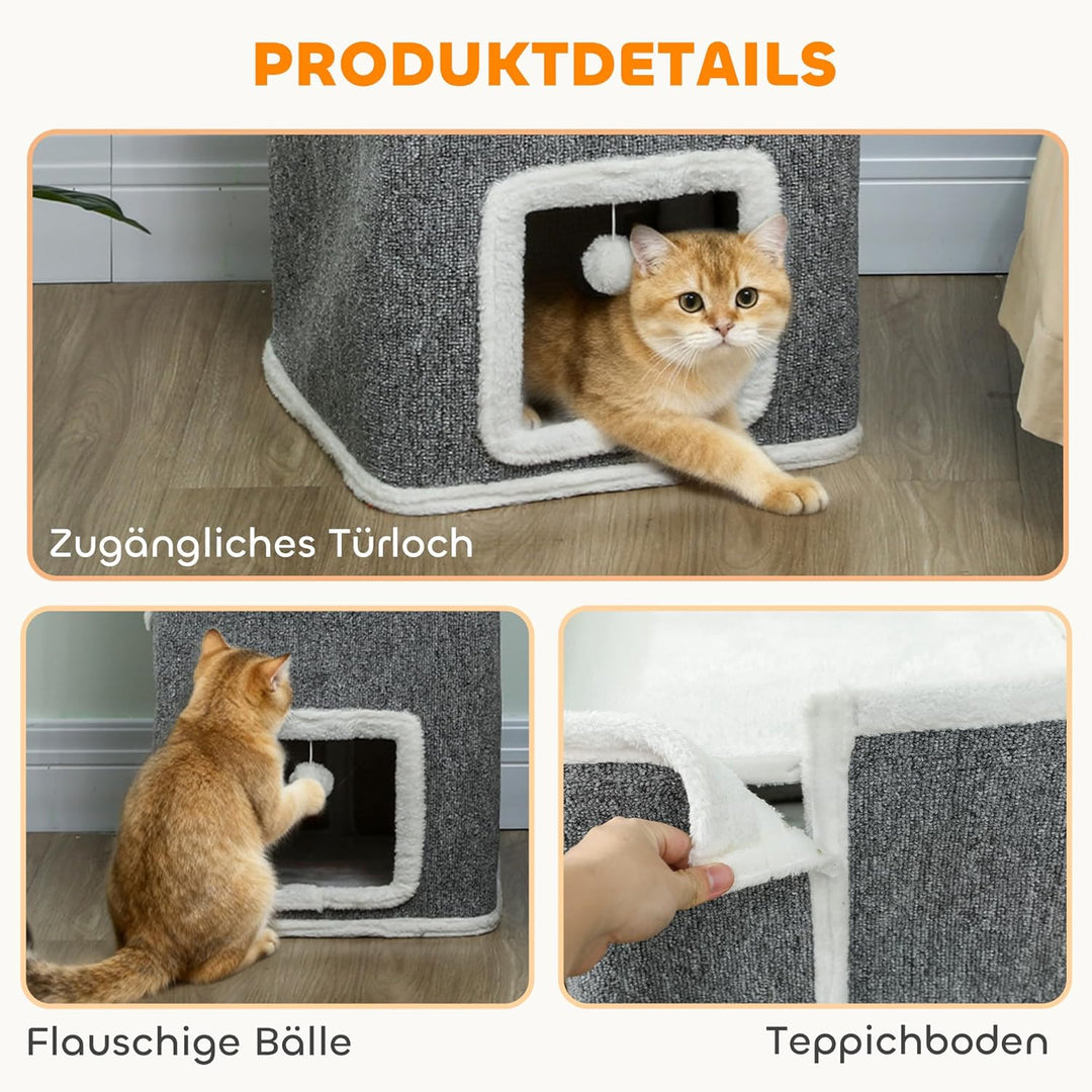 PawHut Kratztonne 100 cm Hoch 41 x 41 cm vierstöckige Katzentonne mit Spielball, Plüschrand, Katzenh