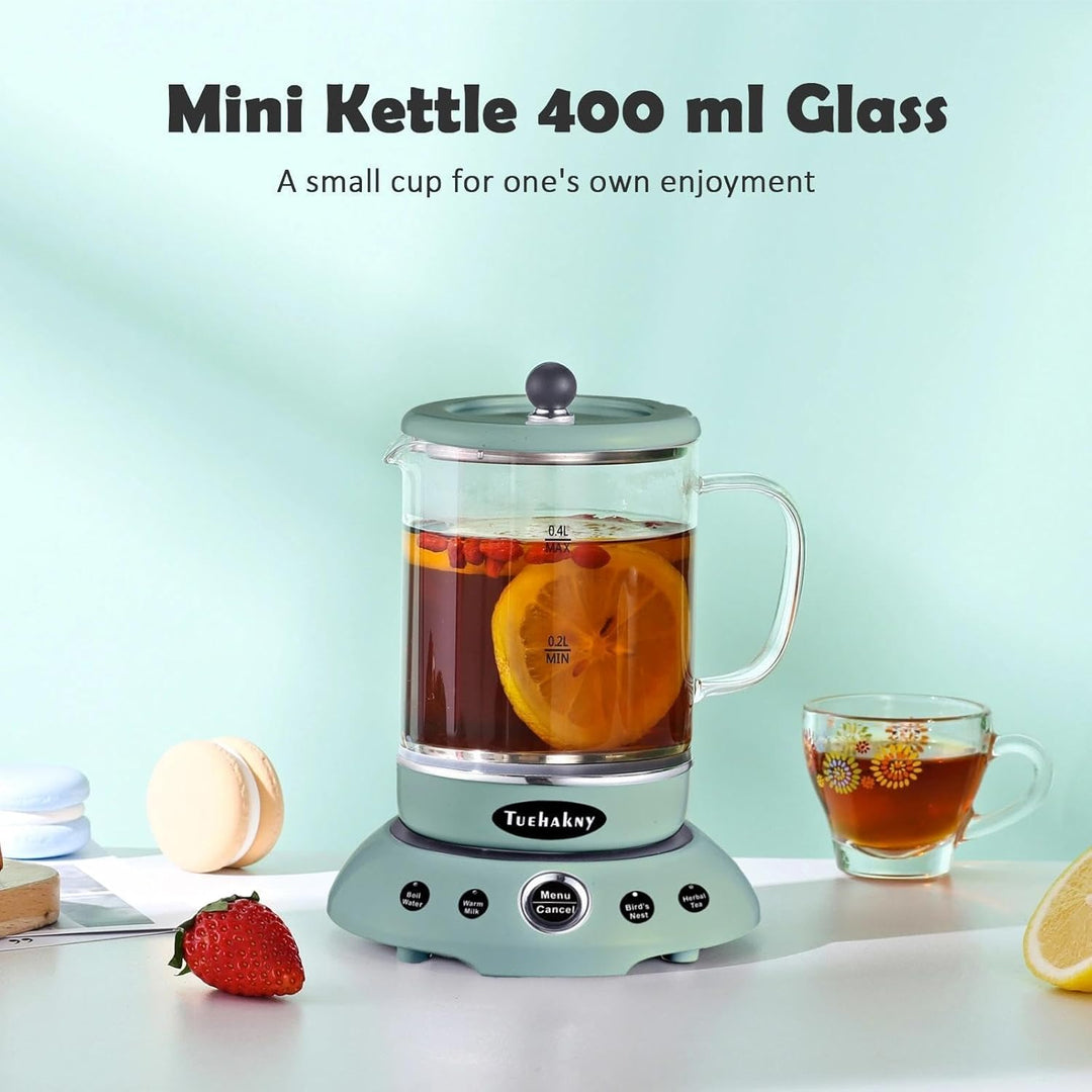 Mini Wasserkocher 400ml Glas - 4-in-1 Multifunktions Tassenwärmer mit abnehmbarer Basis (Heisswasser