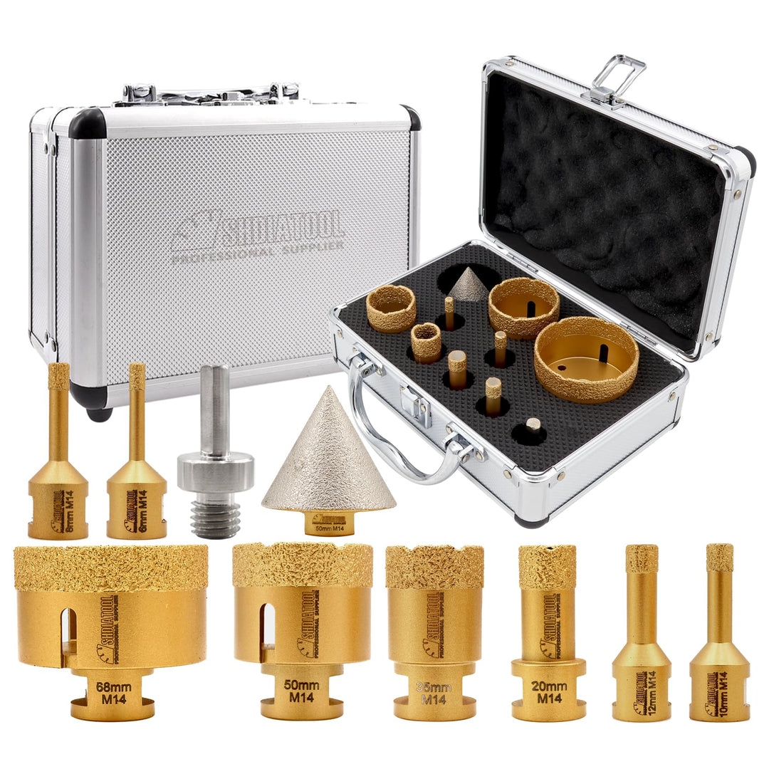 SHDIATOOL Diamantbohrer M14 Gewinde 6/8/10/12/20/35/50/68/50mm Diamant-Fasenbohrer/Dreikant-Schaftad