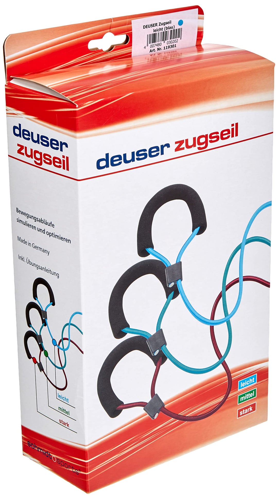 Deuser Zugseil, Expander mit Haken/Made in Germany/Mit gepolstertem Griff / +Trainingsanleitung/Spez