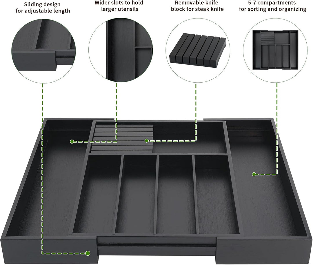 VaeFae Bambus-Besteck-Schubladen-Organizer Küche, erweiterbarer Utensilien-Organizer mit Messerblock