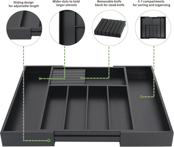 VaeFae Bambus-Besteck-Schubladen-Organizer Küche, erweiterbarer Utensilien-Organizer mit Messerblock