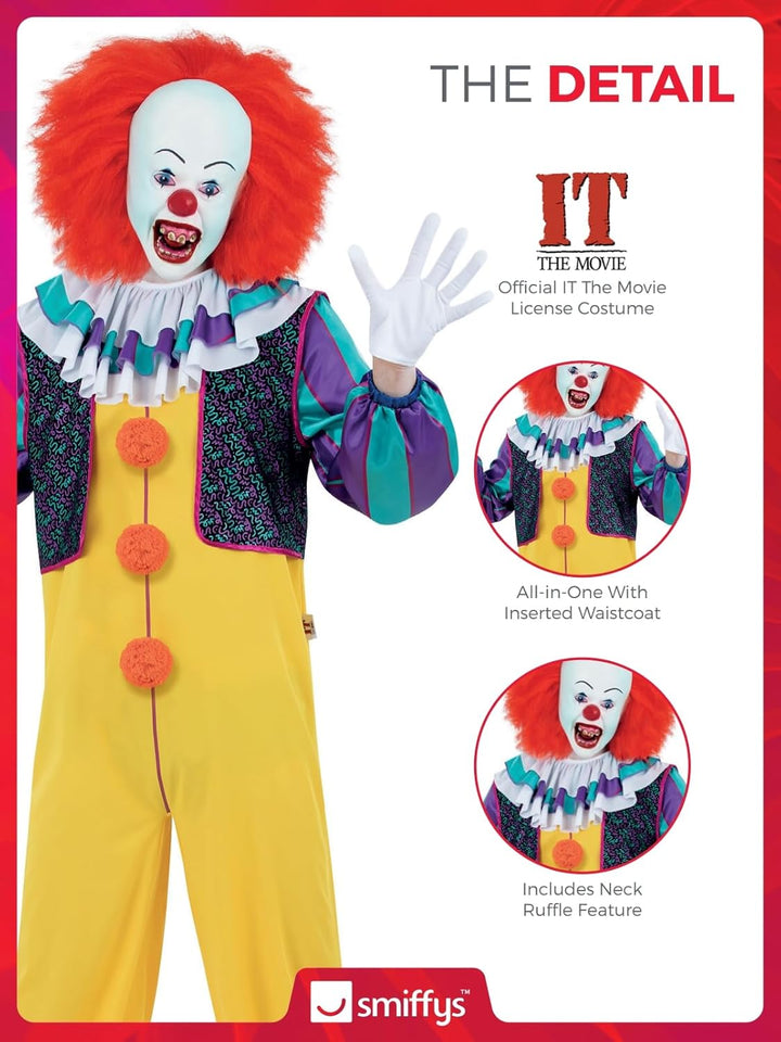Smiffys IT The Movie Pennywise Kostüm für Erwachsene, All-in-One mit Nackenrüschen und eingesetzter