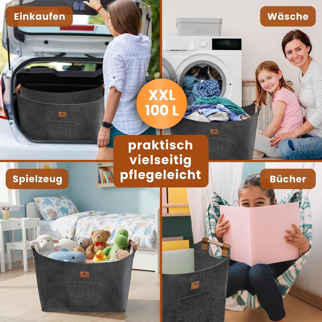 BLACK OAK Holzkorb MONTANA XXL 100L 60x36x45cm Filzkorb für Holz grau | Echt-Leder Applikation + bre