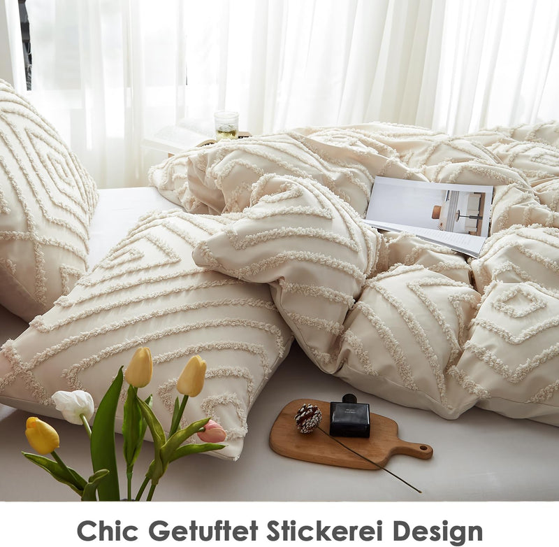Freyamy Böhmen Bettwäsche 200x220cm 3teilig Beige Getuftet Kariert Boho Bettwäsche Stickerei Shabby