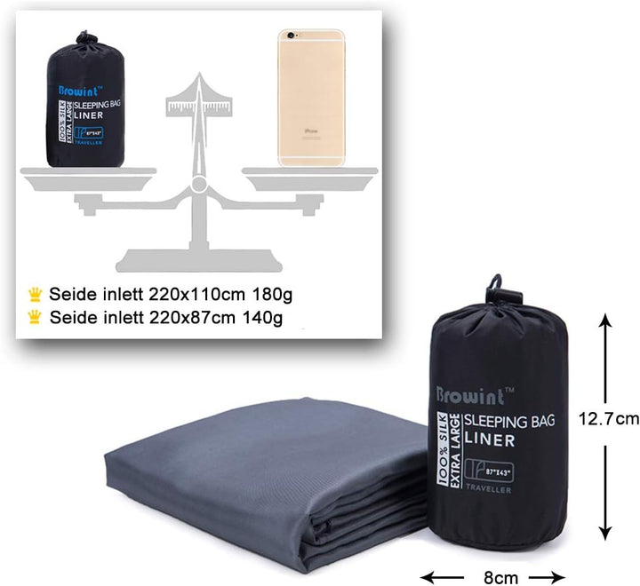 BROWINT Seidenschlafsack, Hüttenschlafsack aus 100% Naturseide, Extrabreite 220x110cm, 220x87cm, 185