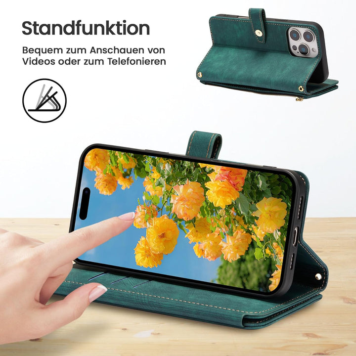 ZCDAYE Hülle für iPhone 16 Pro mit Band Handykette, Leder Handyhülle Handytasche mit Kartenfächern F