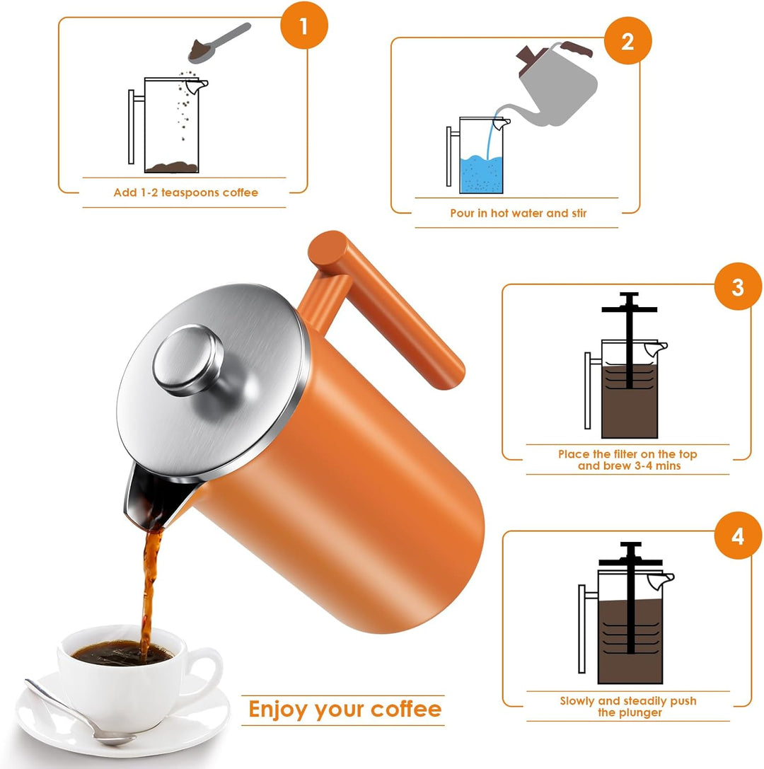 Enfmay French Press, Edelstahl Kaffeebereiter French Press 1L mit 4-Lagigem Filtersystem, Doppelwand