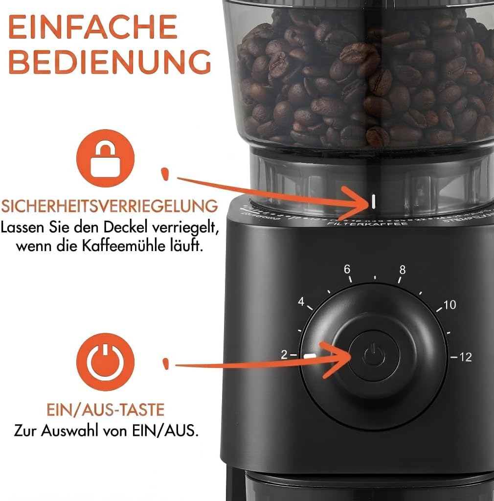 CHEFFANO Elektrische Kaffeemühle mit Kegelmahlwerk, 150W Kaffeebohnenmühle mit 30 Mahlgraden, Kaffee