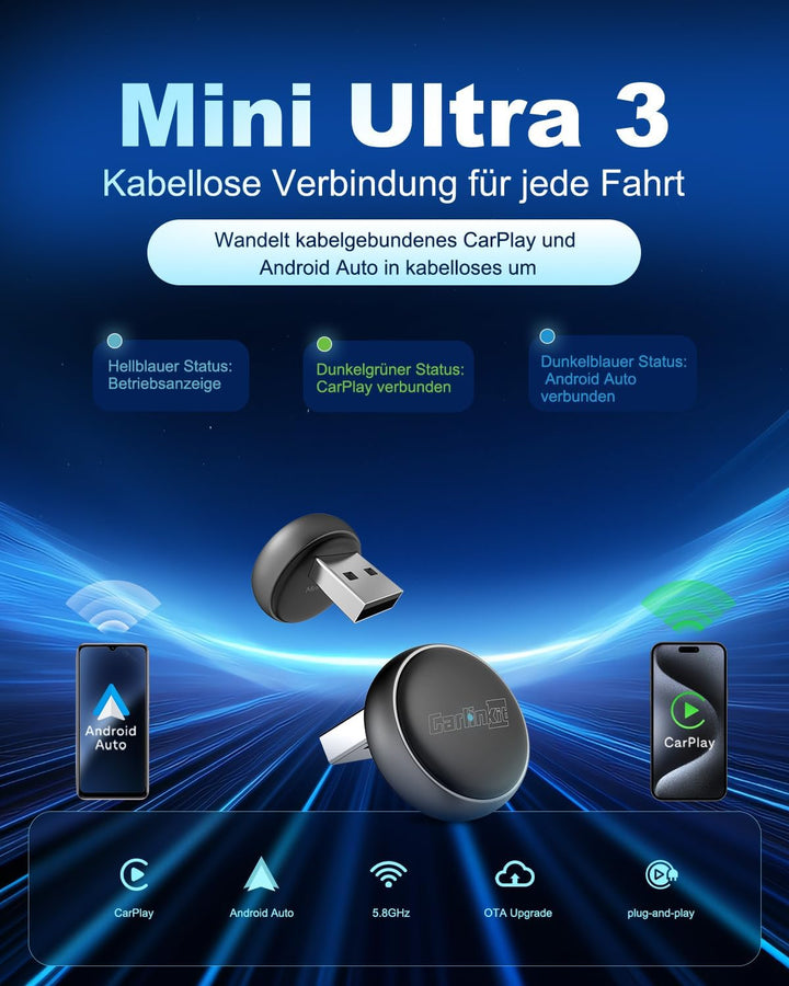 Carlinkit Wireless CarPlay & Android Auto Adapter – Mini Ultra 3, wandelt OEM-Kabelverbindung in kab