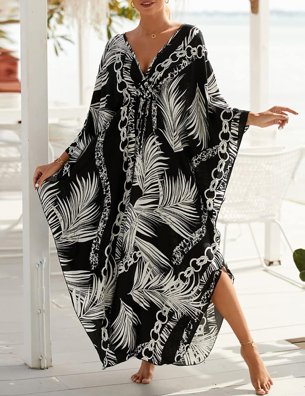 Bsubseach Damen's Print Türkisch Kaftan Beachwear Bikini Cover Up Maxikleid D-schwarzes Laub, D-schw