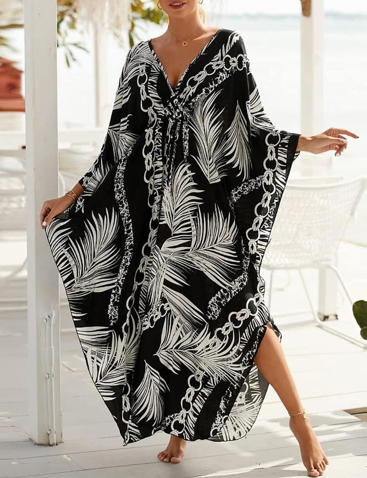 Bsubseach Damen's Print Türkisch Kaftan Beachwear Bikini Cover Up Maxikleid D-schwarzes Laub, D-schw