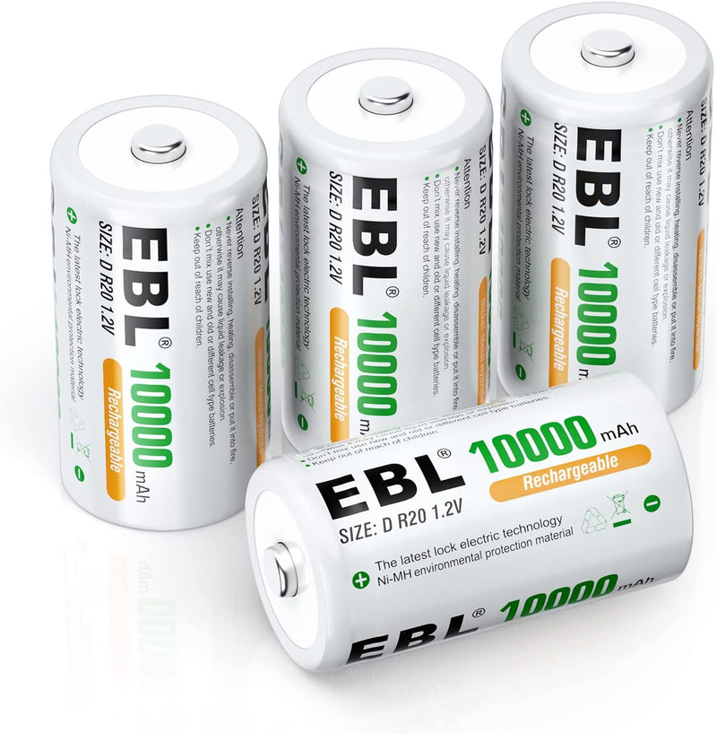 EBL D Akku 10000mAh, Wiederaufladbare D Zelle NI-MH Batterie 4 Stück mit Aufbewahrungsbox, Mono D Ak