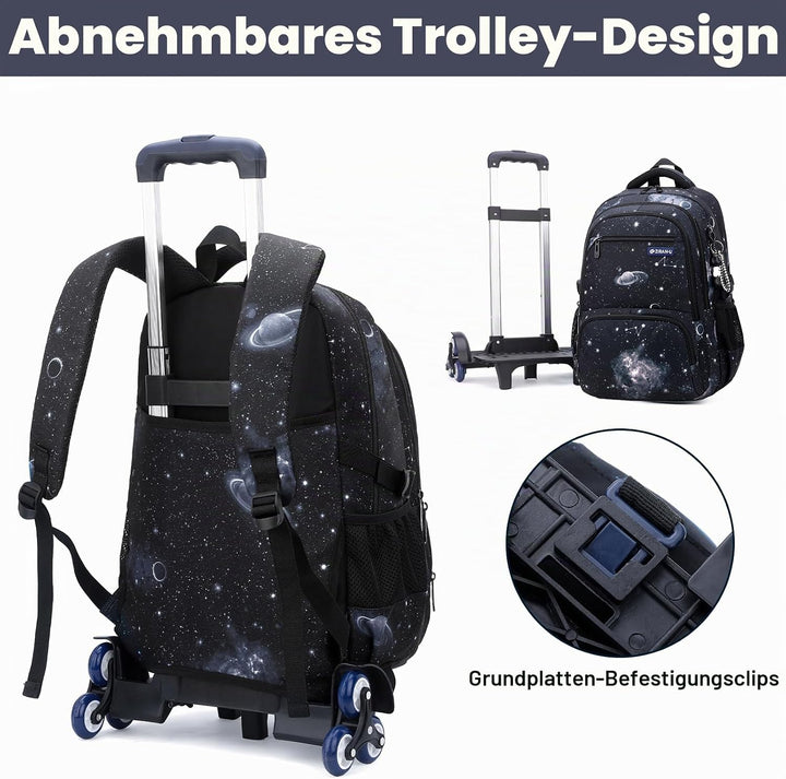 Amythe Schulrucksack Trolley für Jungen Teenager Rucksack mit Rollen 3-teilig mit Lunchtasche Federm