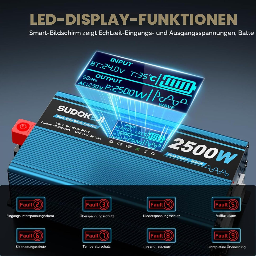 Wechselrichter 24V auf 230V Reiner Sinus 2500W Spannungswandler mit LCD-Bildschirm-Fernbedienung 2 E