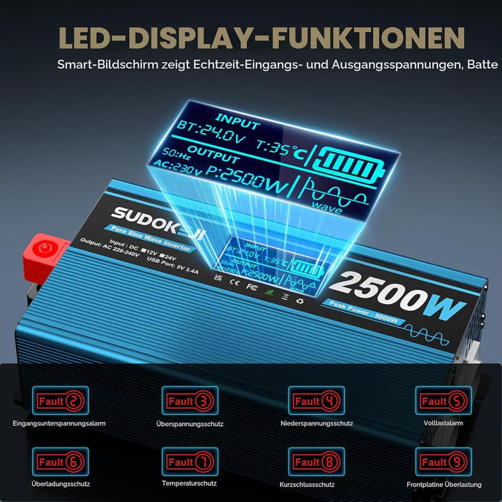 Wechselrichter 24V auf 230V Reiner Sinus 2500W Spannungswandler mit LCD-Bildschirm-Fernbedienung 2 E