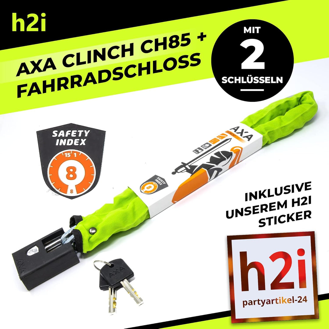 h2i Set aus AXA Kettenschloss Clinch CH85 Plus in Grün und h2i Sticker, Fahrradschloss mit Kette 85c