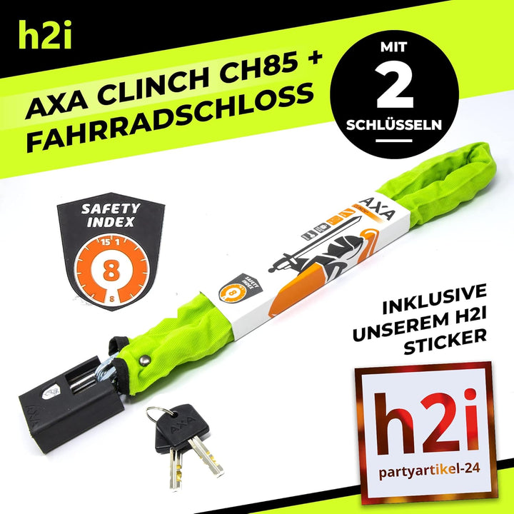 h2i Set aus AXA Kettenschloss Clinch CH85 Plus in Grün und h2i Sticker, Fahrradschloss mit Kette 85c