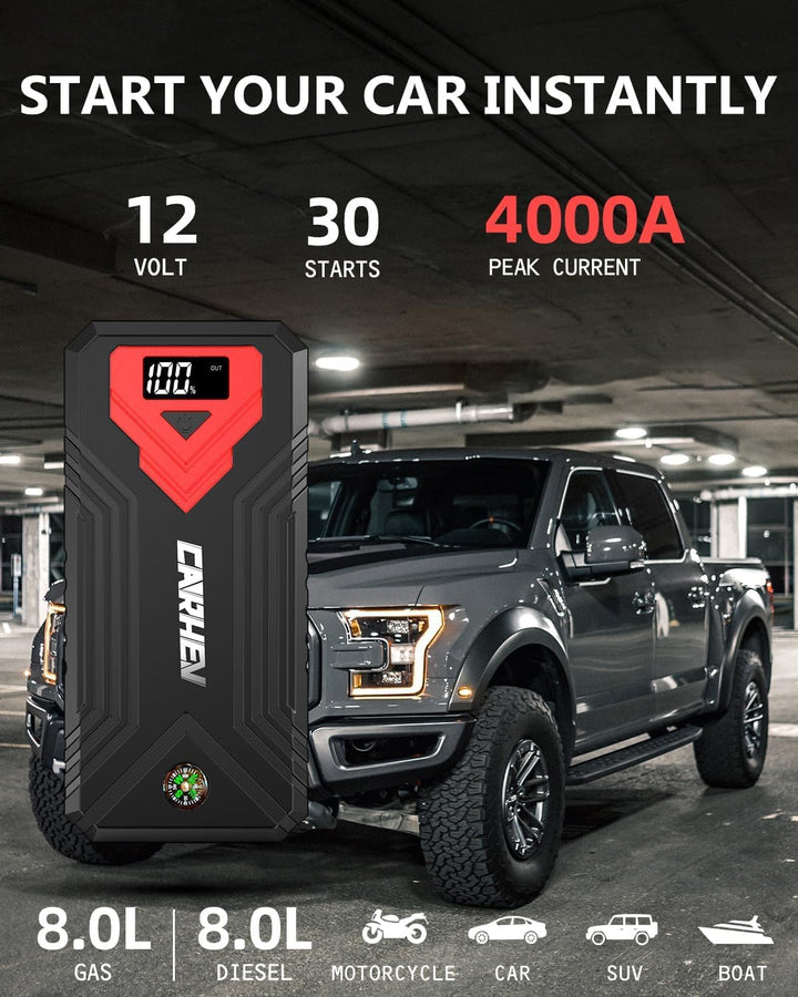 CARHEV Starthilfe Powerbank für pkw, 4000A Auto Starthilfe Powerbank (Bis Zu 8,0L Benzin Oder 8,0L D